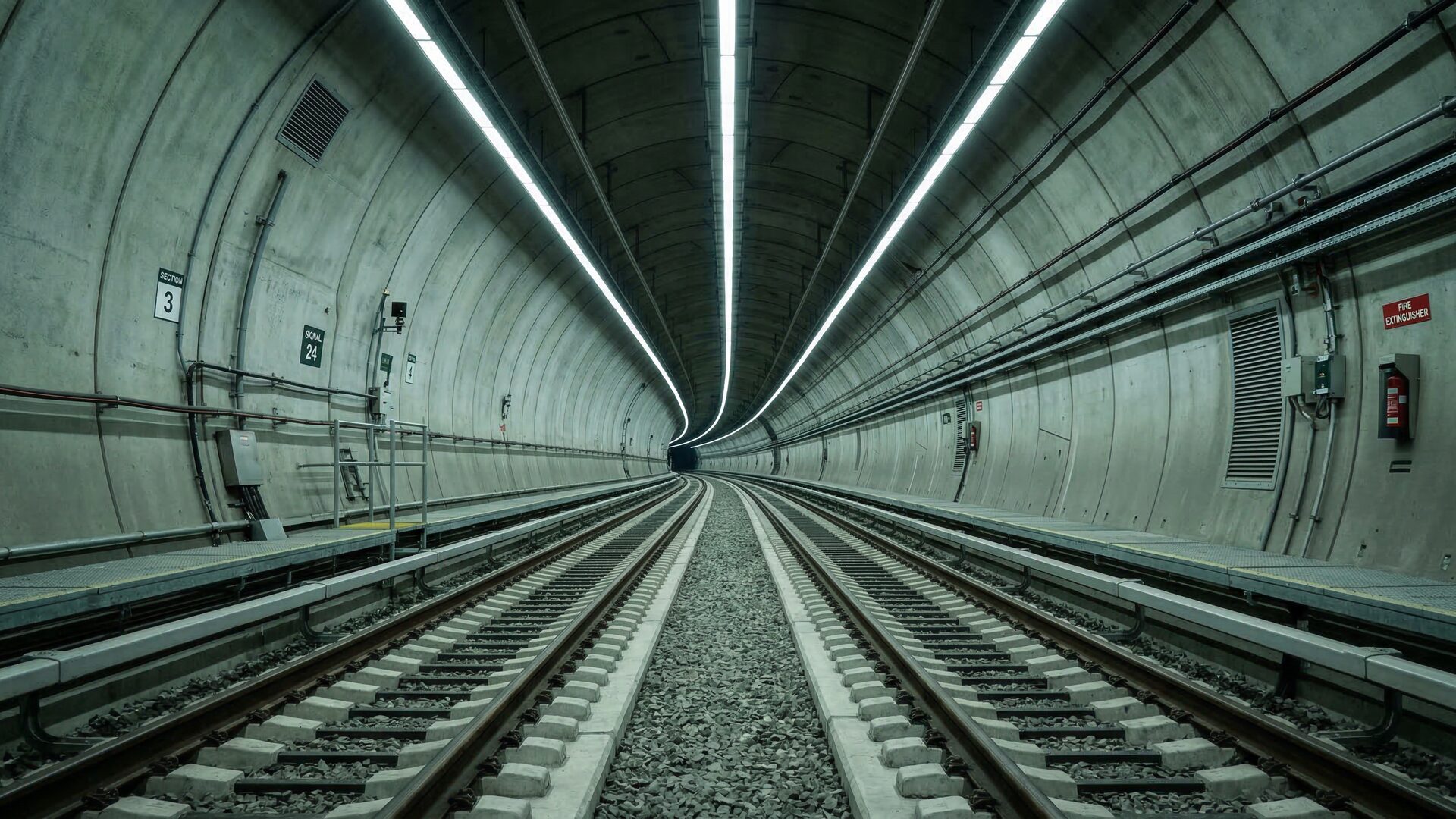 A long, dimly lit transit tunnel showing legacy fixtures spaced along the curved tunnel wall.