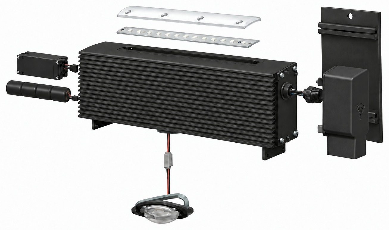 MTLx Pro exploded view from CAD TL4064-29: uplight lens and LED board, extruded aluminium housing, removable LED light engine, clearNET wireless end-can, internal driver, NiMH battery pack and aluminium mounting bracket