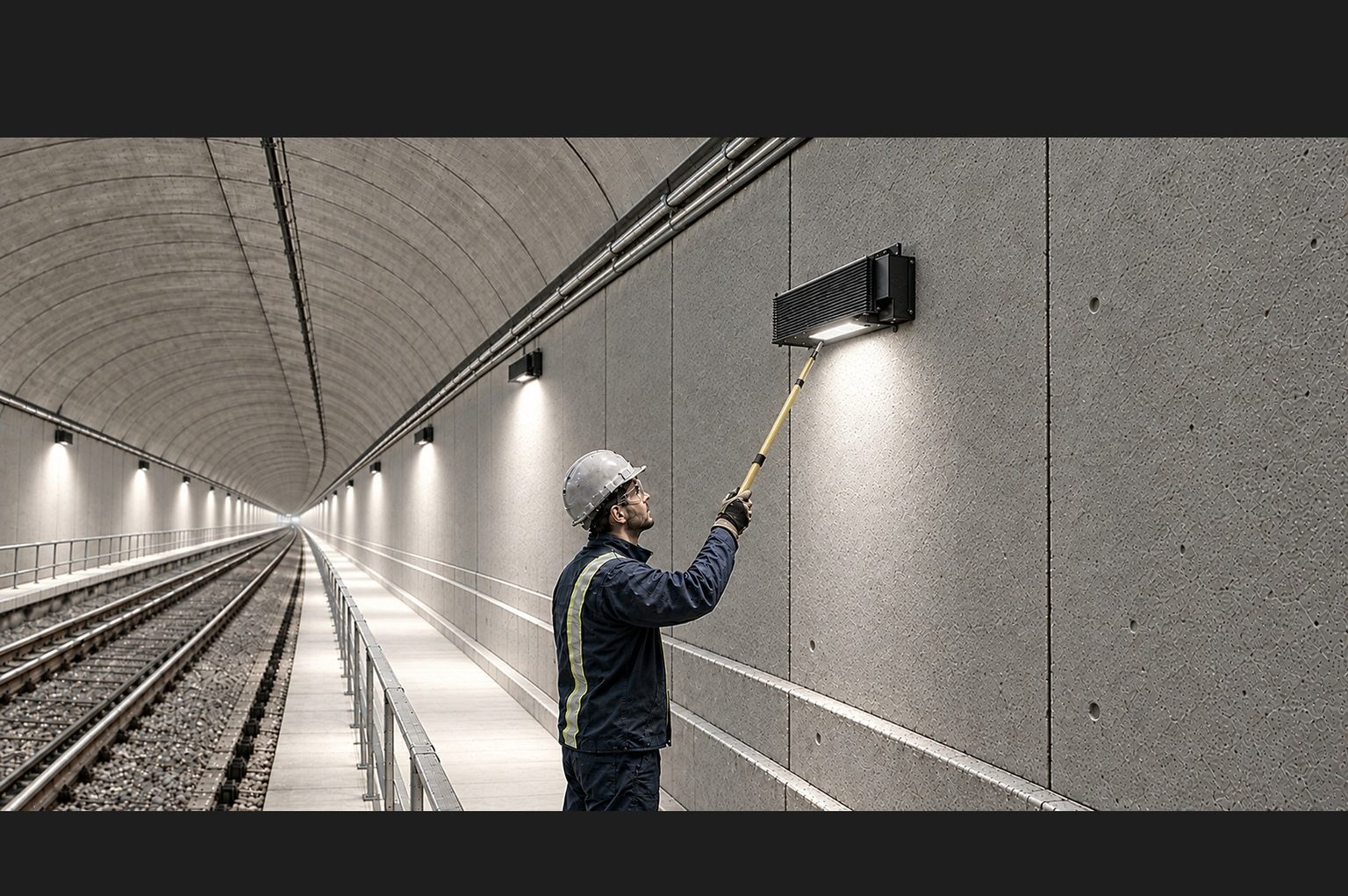 Track worker touching a magnet wand to the underside of an MTLx fixture from the tunnel walkway to trigger Work Mode