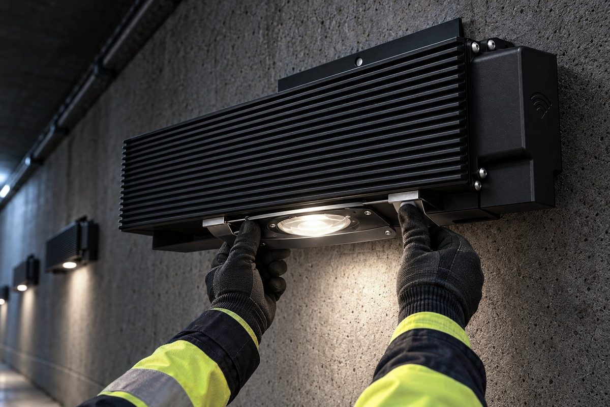 Gloved hands supporting the MTLx Pro light engine by its integral handle in the locked position