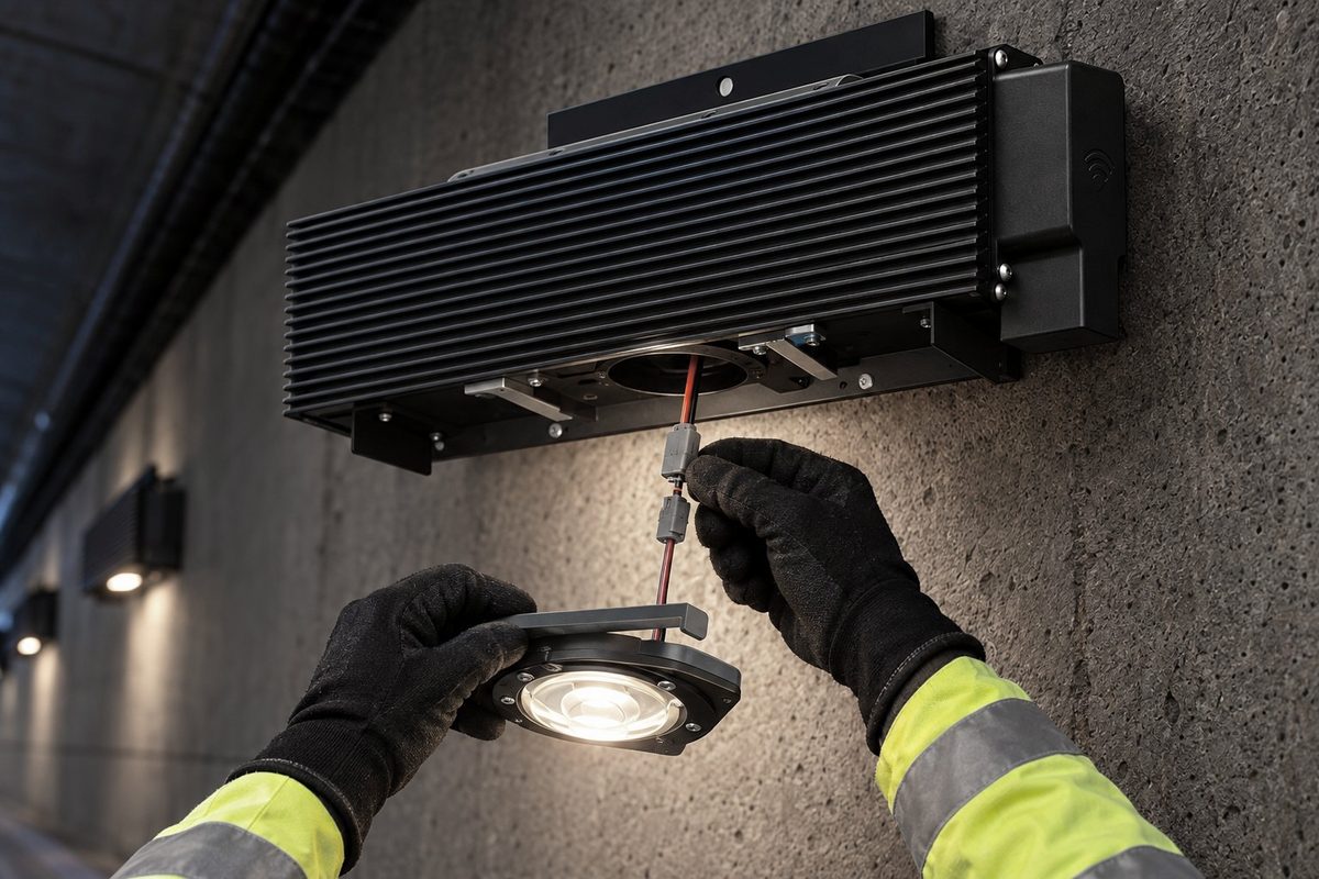 MTLx Pro light engine lowered on its captive low-voltage lead with the inline quick-connect being unplugged by hand